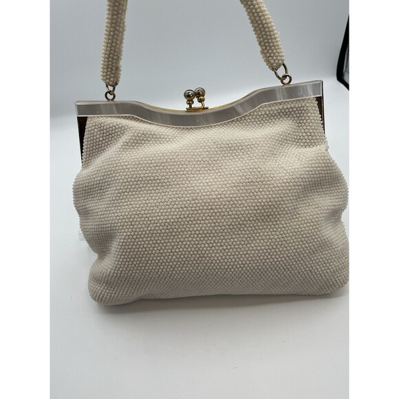 Vintage White Beaded Seed Pearl Pink Floral Purse Kiss Lock &‎ Lucite Trim Top - Picture 12 of 13